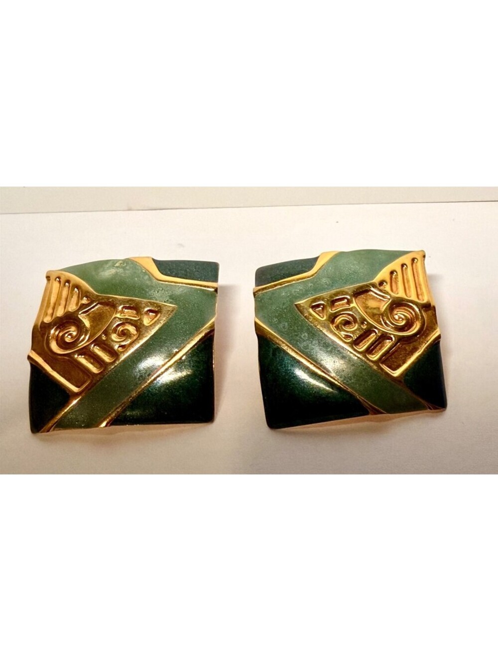 Edgar Berebi Enamel Stud Earrings Green Gold Tone Geometric Deco Square Design